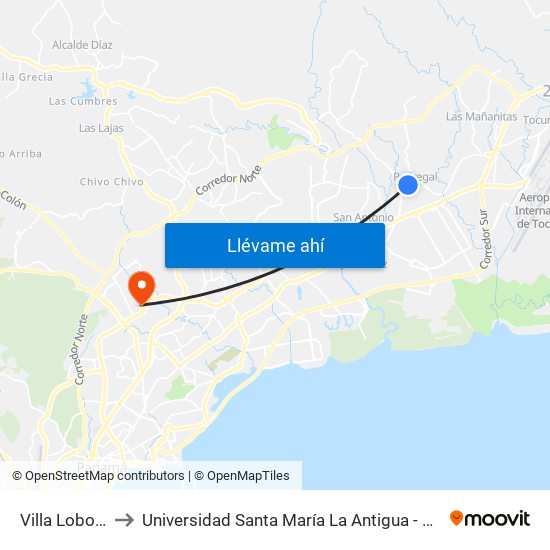 Villa Lobos-I to Universidad Santa María La Antigua - Usma map