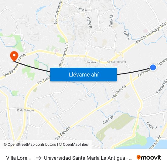 Villa Lorena-I to Universidad Santa María La Antigua - Usma map