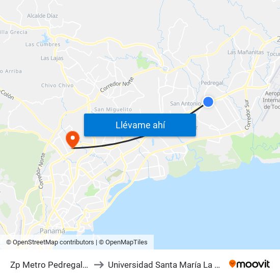 Zp Metro Pedregal - Bahía 10 to Universidad Santa María La Antigua - Usma map
