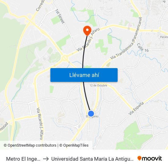 Metro El Ingenio-I to Universidad Santa María La Antigua - Usma map
