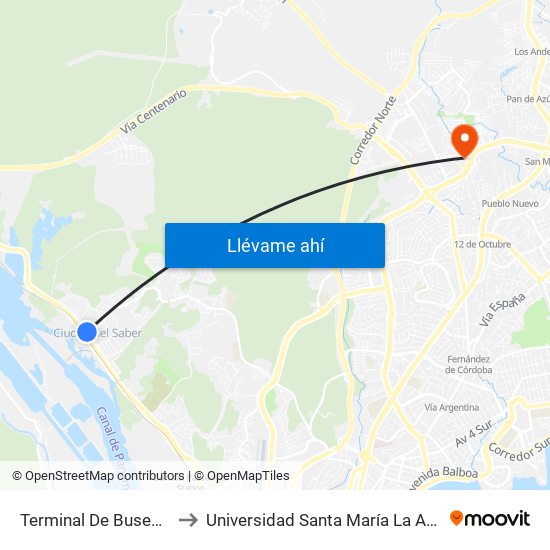 Terminal De Buses Internos to Universidad Santa María La Antigua - Usma map