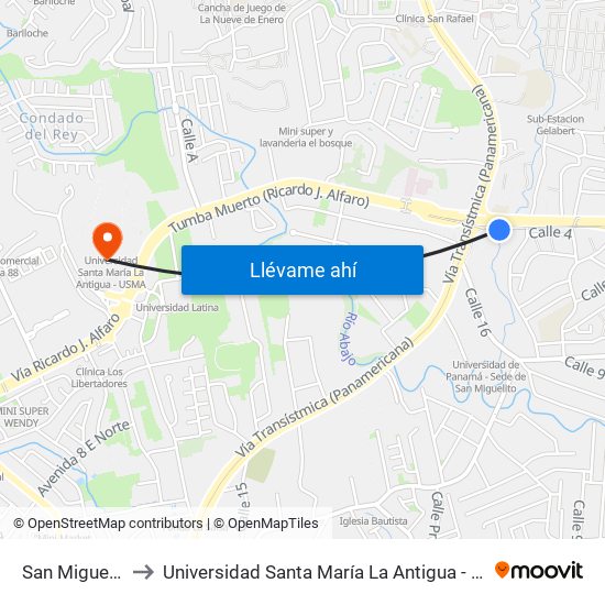 San Miguelito to Universidad Santa María La Antigua - Usma map