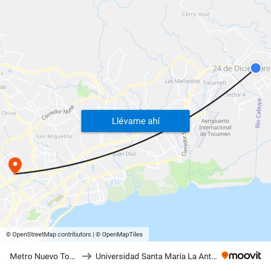 Metro Nuevo Tocumen-I to Universidad Santa María La Antigua - Usma map