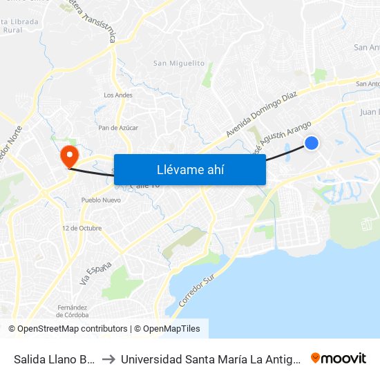 Salida Llano Bonito to Universidad Santa María La Antigua - Usma map