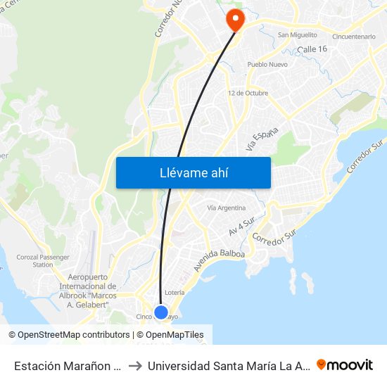 Estación Marañon - Bahía 14 to Universidad Santa María La Antigua - Usma map