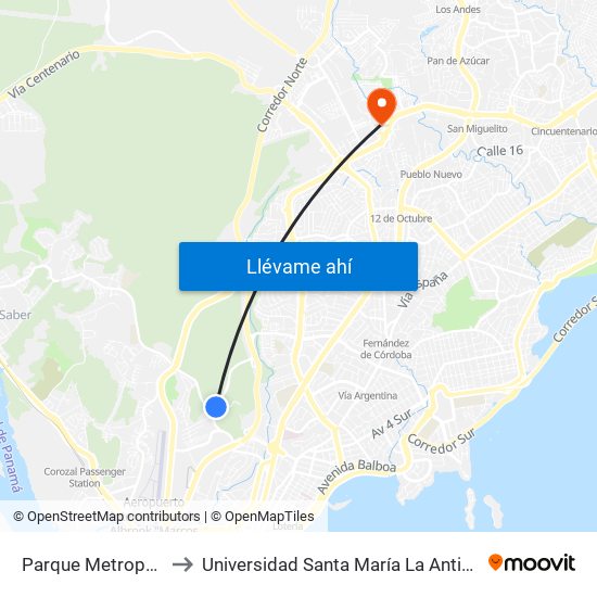 Parque Metropolitano to Universidad Santa María La Antigua - Usma map