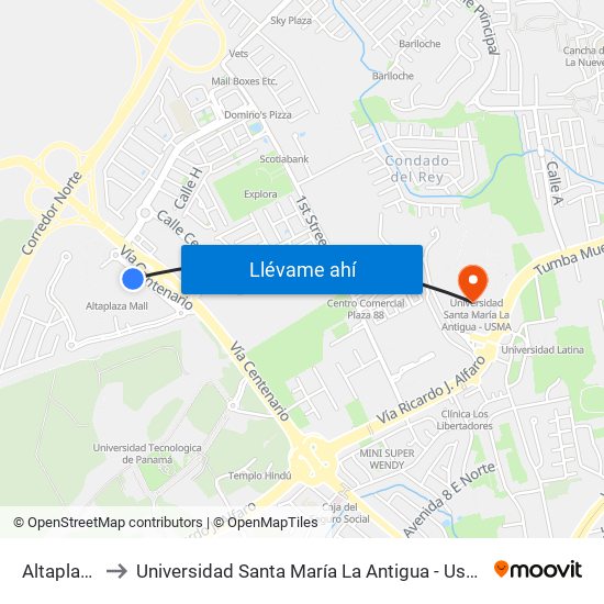 Altaplaza to Universidad Santa María La Antigua - Usma map