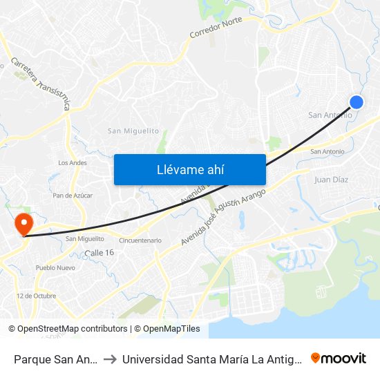 Parque San Antonio to Universidad Santa María La Antigua - Usma map