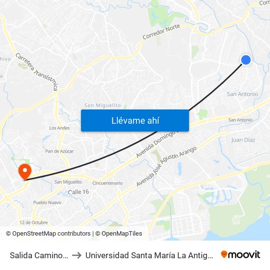 Salida Camino Real to Universidad Santa María La Antigua - Usma map