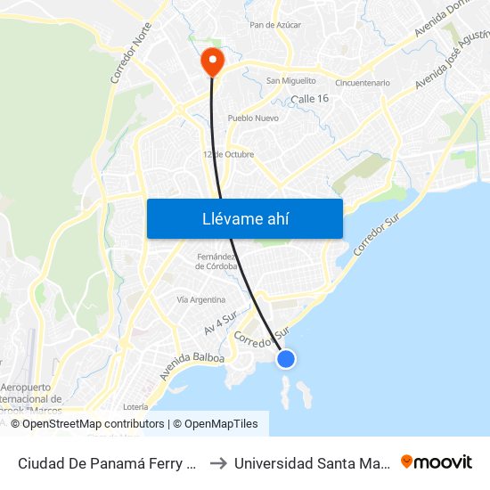 Ciudad De Panamá Ferry Terminal (Punta Pacífica) to Universidad Santa María La Antigua - Usma map