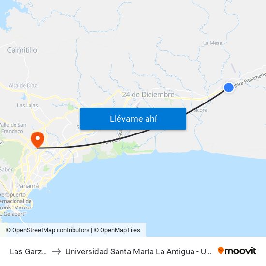 Las Garzas to Universidad Santa María La Antigua - Usma map
