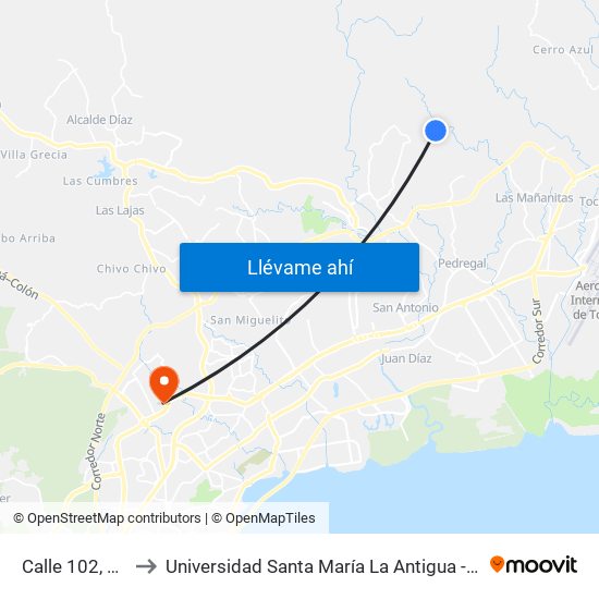 Calle 102, 102 to Universidad Santa María La Antigua - Usma map