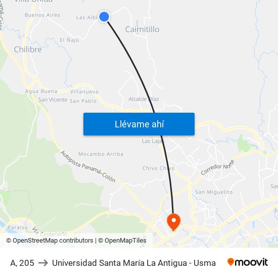 A, 205 to Universidad Santa María La Antigua - Usma map