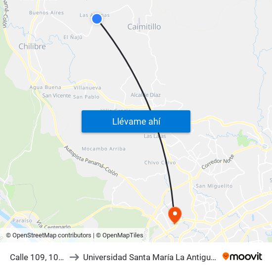 Calle 109, 109-04 to Universidad Santa María La Antigua - Usma map