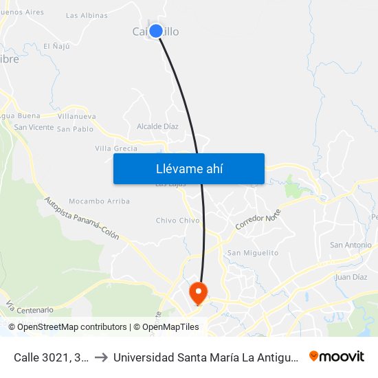 Calle 3021, 3021 to Universidad Santa María La Antigua - Usma map