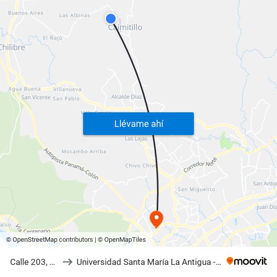 Calle 203, 203 to Universidad Santa María La Antigua - Usma map