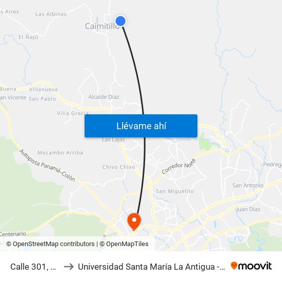 Calle 301, 301 to Universidad Santa María La Antigua - Usma map
