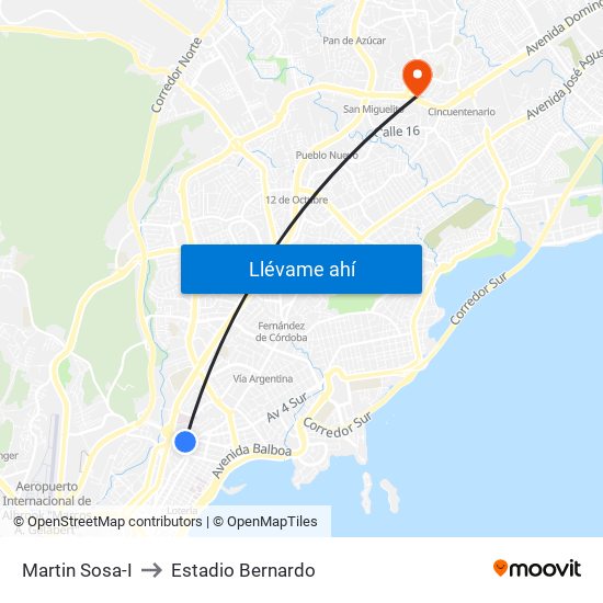 Martin Sosa-I to Estadio Bernardo map