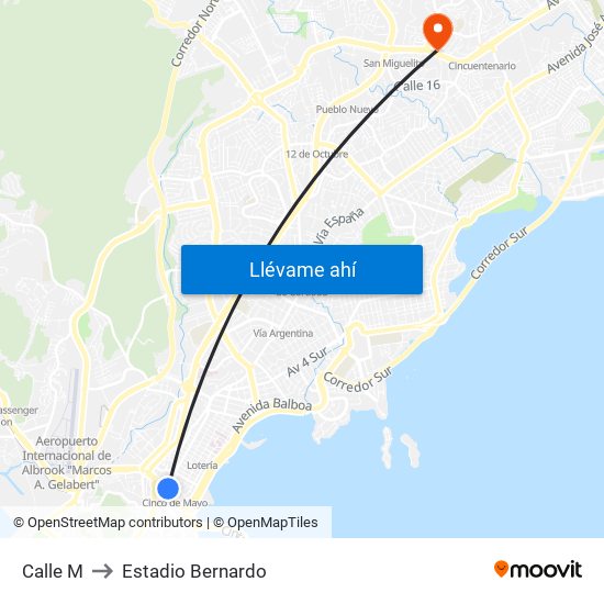 Calle M to Estadio Bernardo map