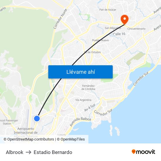 Albrook to Estadio Bernardo map