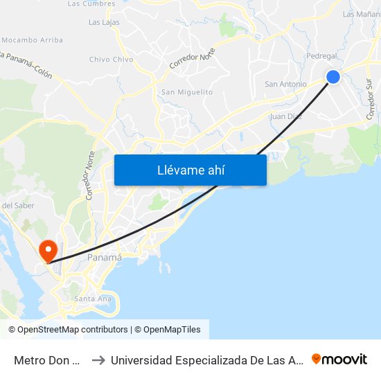 Metro Don Bosco-R to Universidad Especializada De Las Americas (Udelas) map