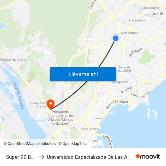 Super 99 Bethania to Universidad Especializada De Las Americas (Udelas) map