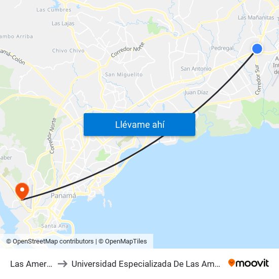 Las Americas-I to Universidad Especializada De Las Americas (Udelas) map