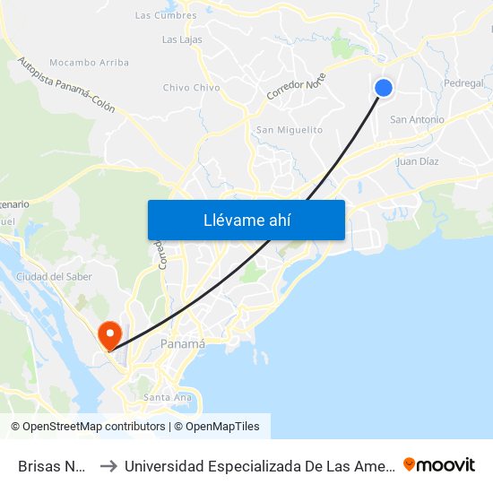 Brisas Norte-R to Universidad Especializada De Las Americas (Udelas) map