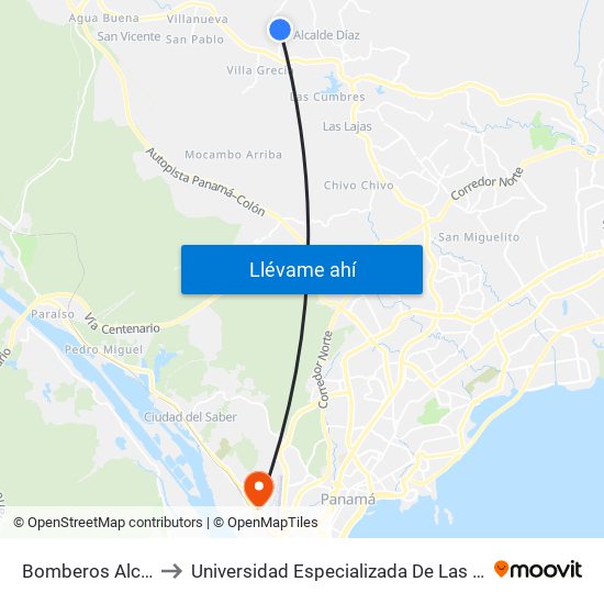 Bomberos Alcalde Diaz to Universidad Especializada De Las Americas (Udelas) map