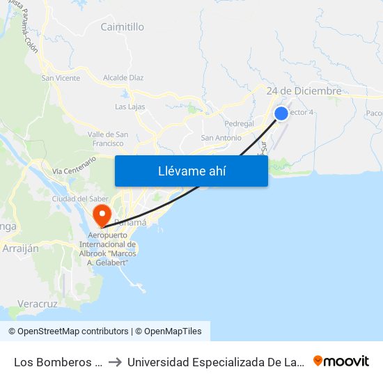 Los Bomberos Tocumen-I to Universidad Especializada De Las Americas (Udelas) map