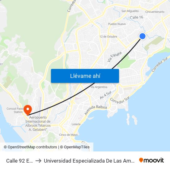 Calle 92 Este-R to Universidad Especializada De Las Americas (Udelas) map