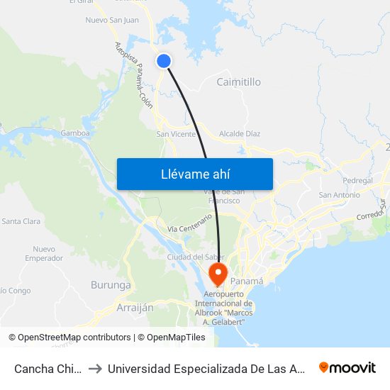 Cancha Chilibre-R to Universidad Especializada De Las Americas (Udelas) map