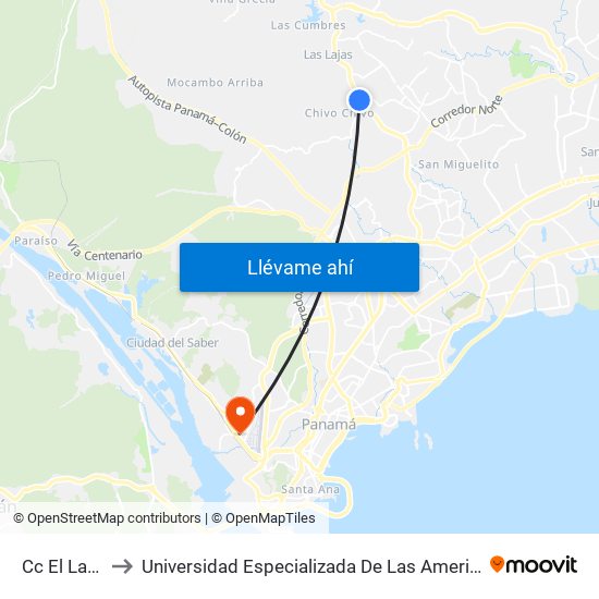 Cc El Lago-R to Universidad Especializada De Las Americas (Udelas) map