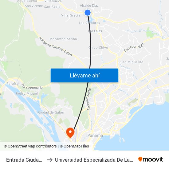 Entrada Ciudad Bolivar-R to Universidad Especializada De Las Americas (Udelas) map