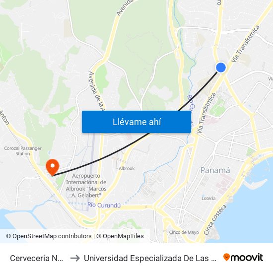 Cerveceria Nacional-R to Universidad Especializada De Las Americas (Udelas) map