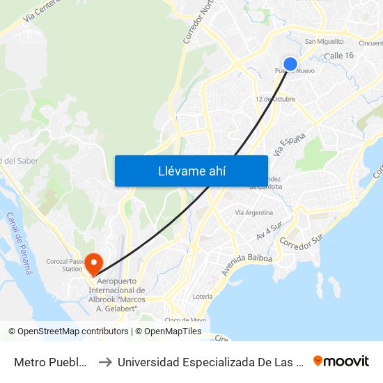 Metro Pueblo Nuevo-I to Universidad Especializada De Las Americas (Udelas) map