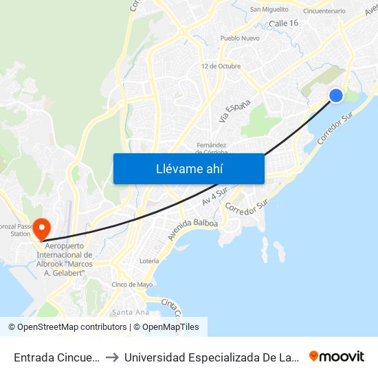Entrada Cincuentenario-R to Universidad Especializada De Las Americas (Udelas) map