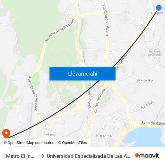 Metro El Ingenio-R to Universidad Especializada De Las Americas (Udelas) map