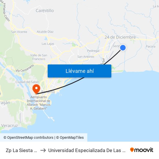 Zp La Siesta - Bahía 1 to Universidad Especializada De Las Americas (Udelas) map