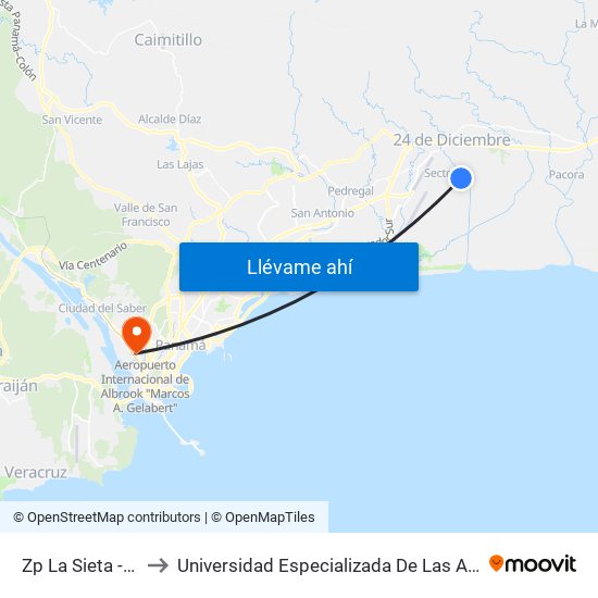 Zp La Sieta - Bahía 2 to Universidad Especializada De Las Americas (Udelas) map