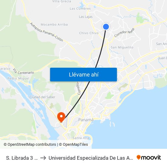 S. Librada 3 Etapa-I to Universidad Especializada De Las Americas (Udelas) map