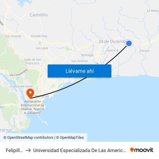 Felipillo-R to Universidad Especializada De Las Americas (Udelas) map