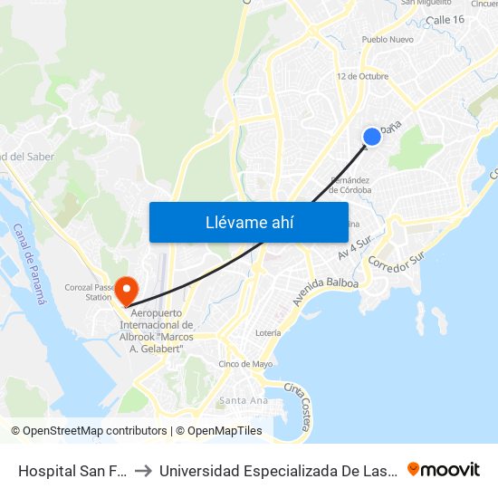 Hospital San Fernando-I to Universidad Especializada De Las Americas (Udelas) map