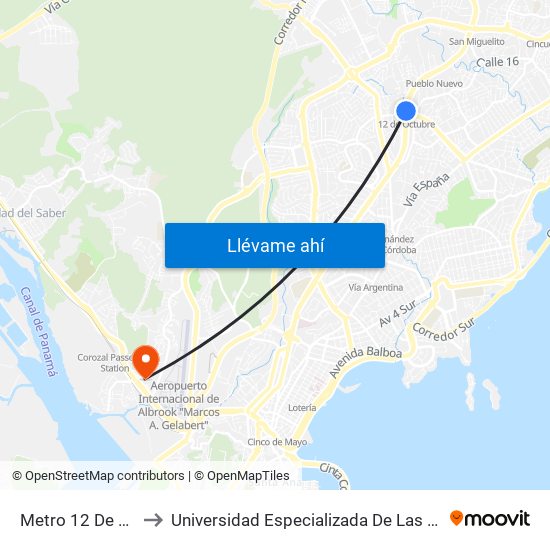 Metro 12 De Octubre-I to Universidad Especializada De Las Americas (Udelas) map