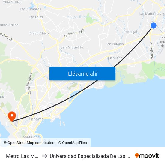 Metro Las Mañanitas to Universidad Especializada De Las Americas (Udelas) map