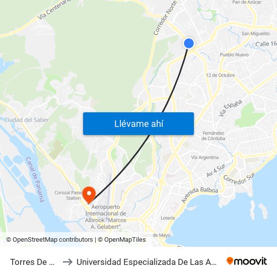 Torres De Milan-R to Universidad Especializada De Las Americas (Udelas) map