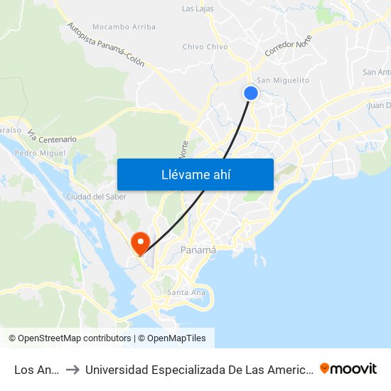 Los Andes to Universidad Especializada De Las Americas (Udelas) map