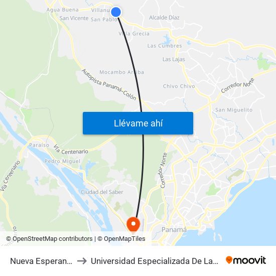 Nueva Esperanza Norte-R to Universidad Especializada De Las Americas (Udelas) map