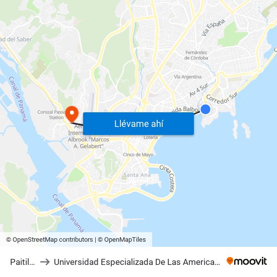 Paitilla-I to Universidad Especializada De Las Americas (Udelas) map