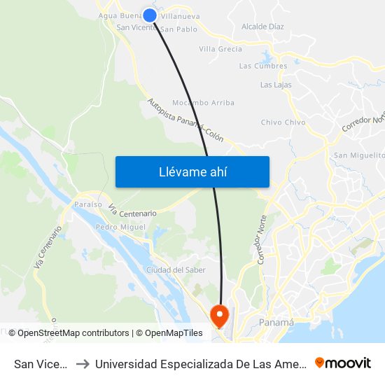 San Vicente-R to Universidad Especializada De Las Americas (Udelas) map